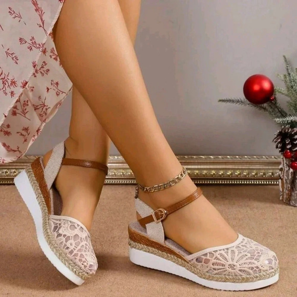 Women's Lace Breathable Mesh Bohemian Straw Woven Fairy Style Peep Toe Wedges - Picture 5 of 6